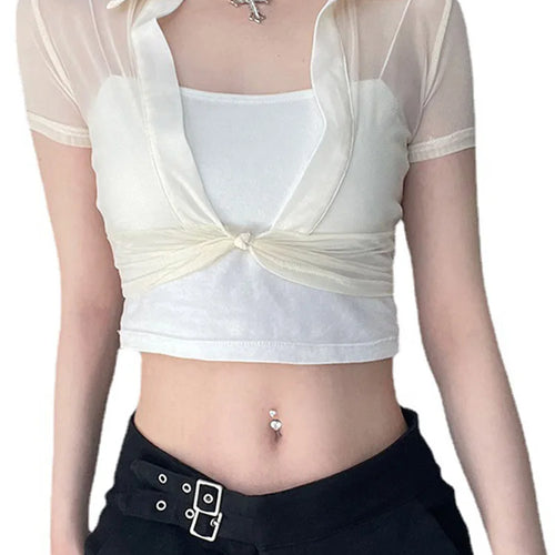 Load image into Gallery viewer, Women's Transparent Mesh Crop Top Short Sleeve V-Neck See through T-Shirt Y2K Streetwear Casual Club Party Sexy Split Tees
