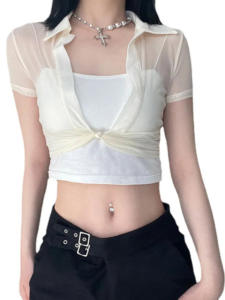 Women's Transparent Mesh Crop Top Short Sleeve V-Neck See through T-Shirt Y2K Streetwear Casual Club Party Sexy Split Tees