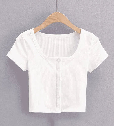 Women Rib Button Through Short Sleeve Top