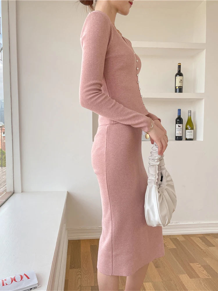 Women Knitted Two Piece Sets Sexy Long Sleeve Sweater Cardigan And High Waist Pencil Skirt Suits  C-115