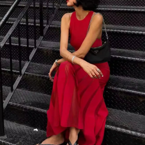 Load image into Gallery viewer, Red Sleeveless Knit Dress For Women Fashion Hollow Out O Neck Pleated Maxi Dress Ladies Solid Beach Party Long Dress
