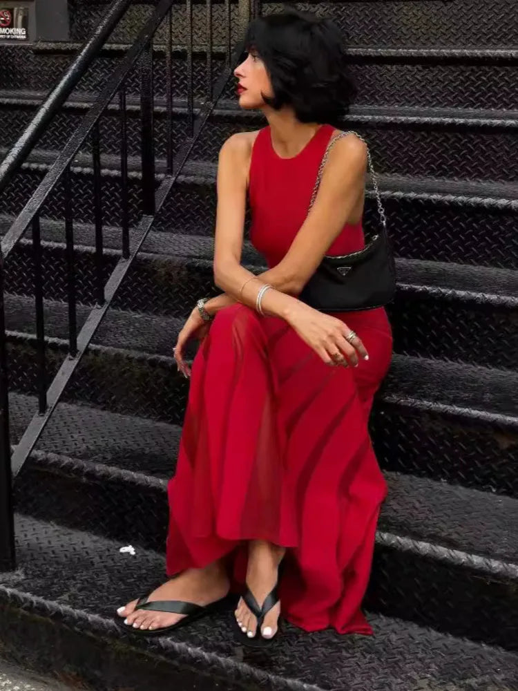 Red Sleeveless Knit Dress For Women Fashion Hollow Out O Neck Pleated Maxi Dress Ladies Solid Beach Party Long Dress