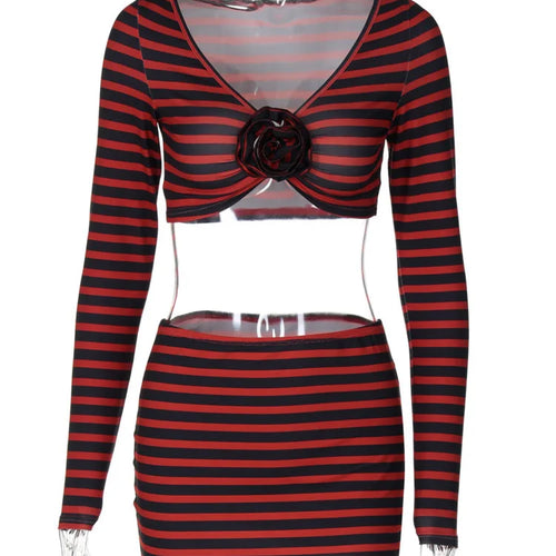 Load image into Gallery viewer, Striped Print Sexy Two Piece Set Women Floral V Neck Long Sleeve T-shirt And Mini Skirt Matching Set Sexy Two Piece Set
