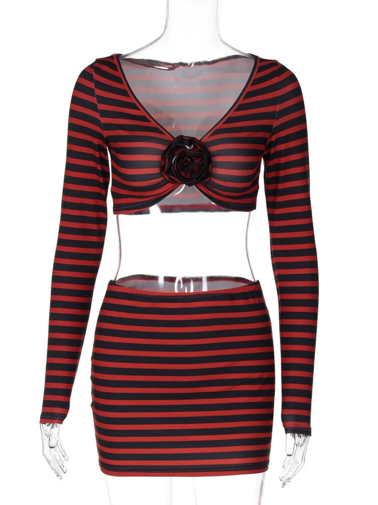 Striped Print Sexy Two Piece Set Women Floral V Neck Long Sleeve T-shirt And Mini Skirt Matching Set Sexy Two Piece Set