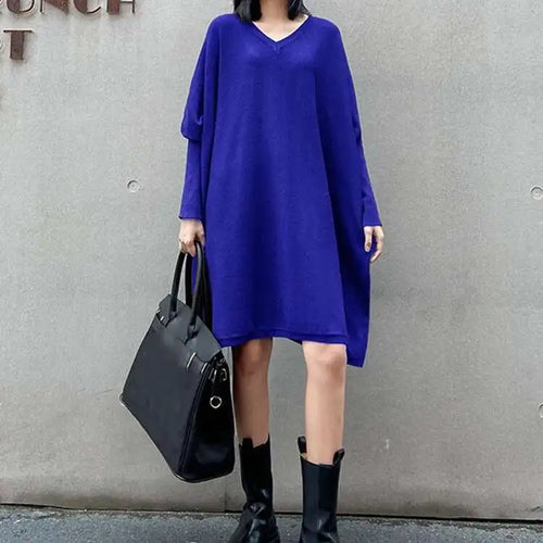 Load image into Gallery viewer, Women Blue Knitting Big Size Mini Dress New V-Neck Long Batwing Sleeve Loose Fit Fashion Tide Spring Autumn 2025 1DF9758
