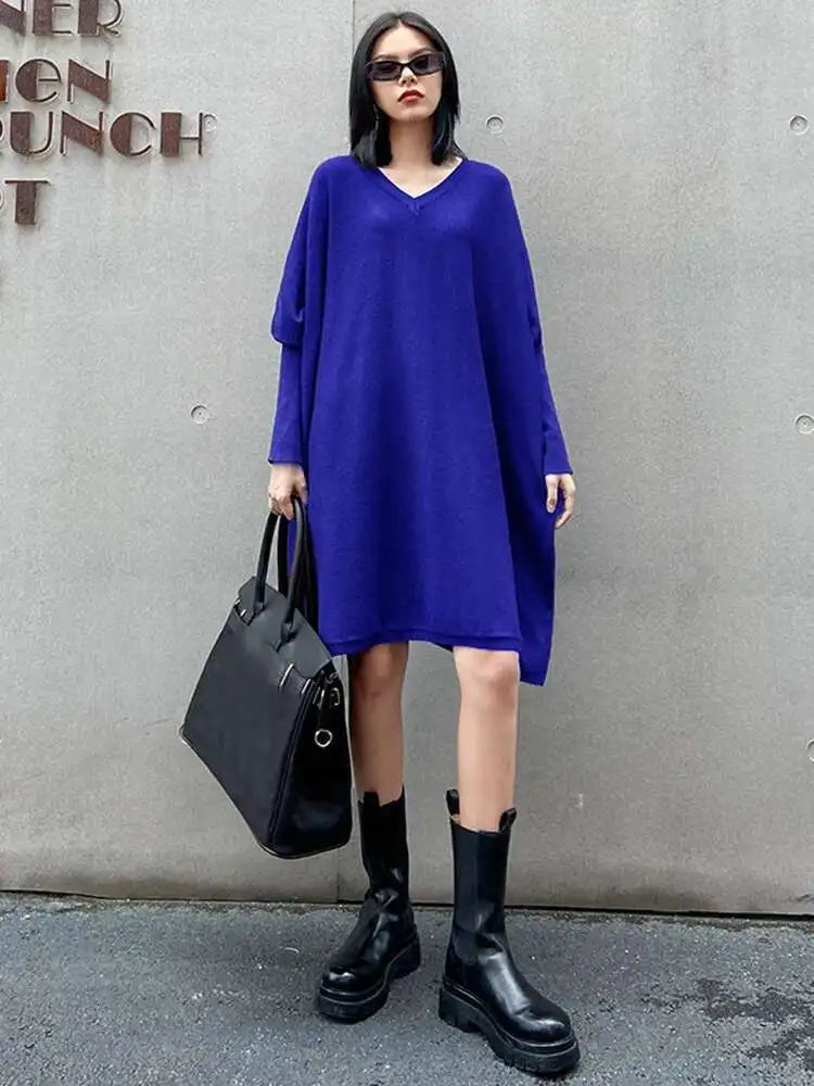 Women Blue Knitting Big Size Mini Dress New V-Neck Long Batwing Sleeve Loose Fit Fashion Tide Spring Autumn 2025 1DF9758