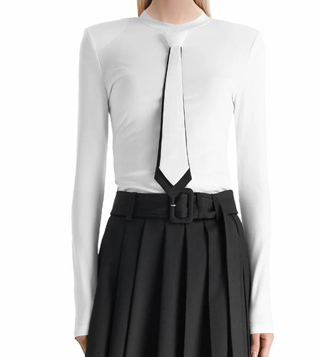 Colorblock Slimming Spliced Necktie Fashion T Shirts for Women Round Neck Long Sleeves Temperament T Shirt Female