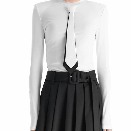 Load image into Gallery viewer, Colorblock Slimming Spliced Necktie Fashion T Shirts for Women Round Neck Long Sleeves Temperament T Shirt Female
