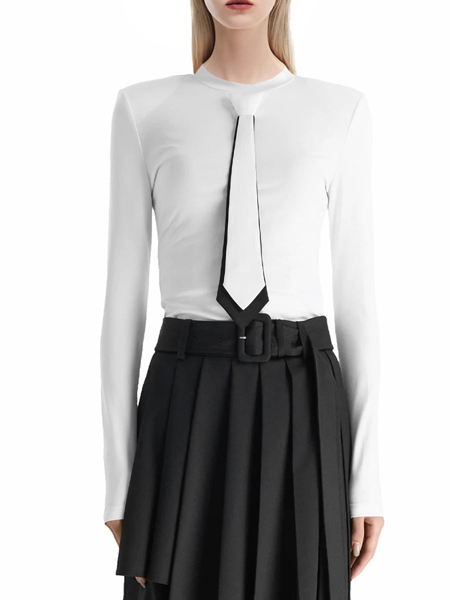 Colorblock Slimming Spliced Necktie Fashion T Shirts for Women Round Neck Long Sleeves Temperament T Shirt Female