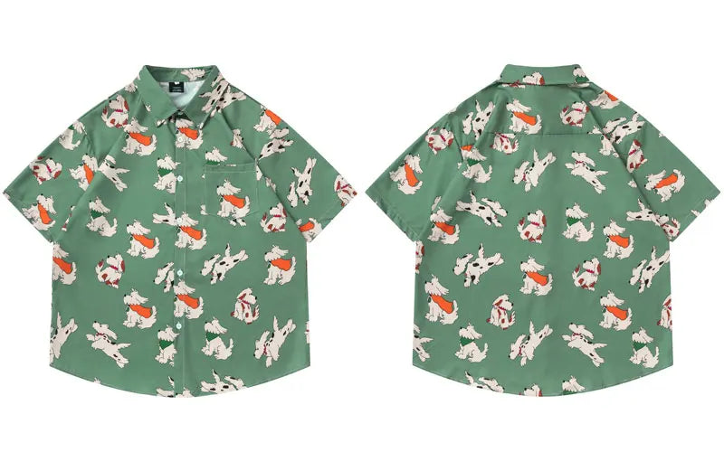 Hawaiian Shirts Cartoon Dog Graphic Printed Beach Blouse Harajuku Baggy Button Up Short Sleeve Shirt Hip Hop Casual Summer Tops