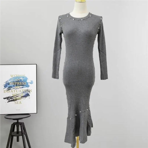 Load image into Gallery viewer, Vintage Women's Autumn Winter Solid Pearl Temperament Long Sleeved Knit Dress French Round Neck Festival Fashion Fishtail Dress
