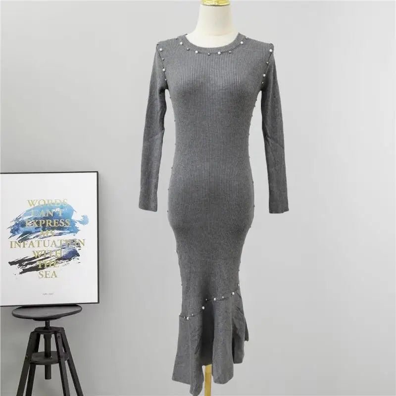 Vintage Women's Autumn Winter Solid Pearl Temperament Long Sleeved Knit Dress French Round Neck Festival Fashion Fishtail Dress