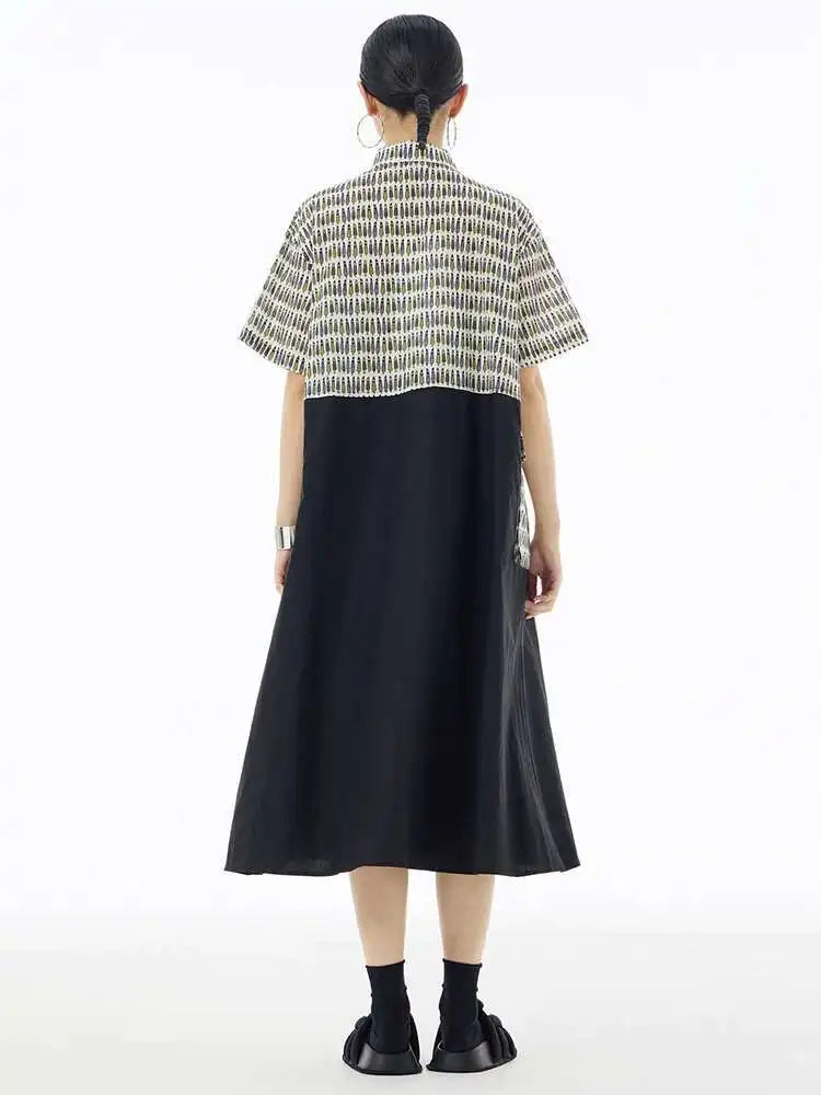 Women Black Printed Color-block Big Size Shirt Dress New Laple Short Sleeve Fashion Tide Spring Summer 2025 1DH6081