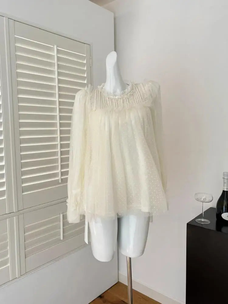 French Women Beige Dot Lace Festival Pleated Shirt Chic Round Neck Long Sleeve Ladies Versatile Princess Tops Spring Autumn 2025