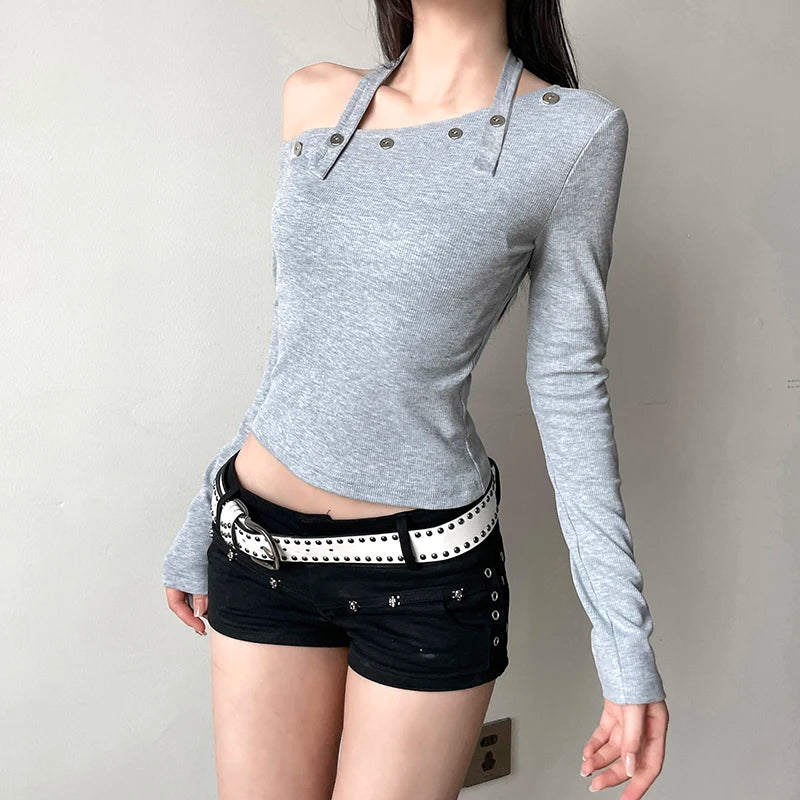 Korean Fashion Skew Collar Halter T-shirt Women Autumn Skinny Buttons Aesthetics Crop Top Tee Shirt Y2k Solid Popular