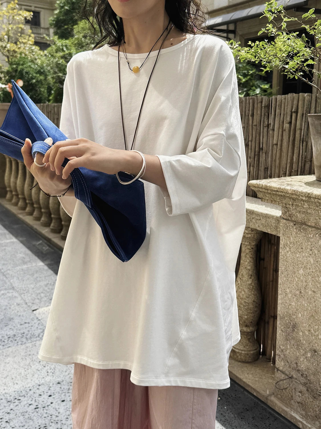 Women White Shaped Spliced Big Size Casual T-shirt New Round Neck Half Sleeve Fashion Tide Spring Summer 2025 1DJ1530