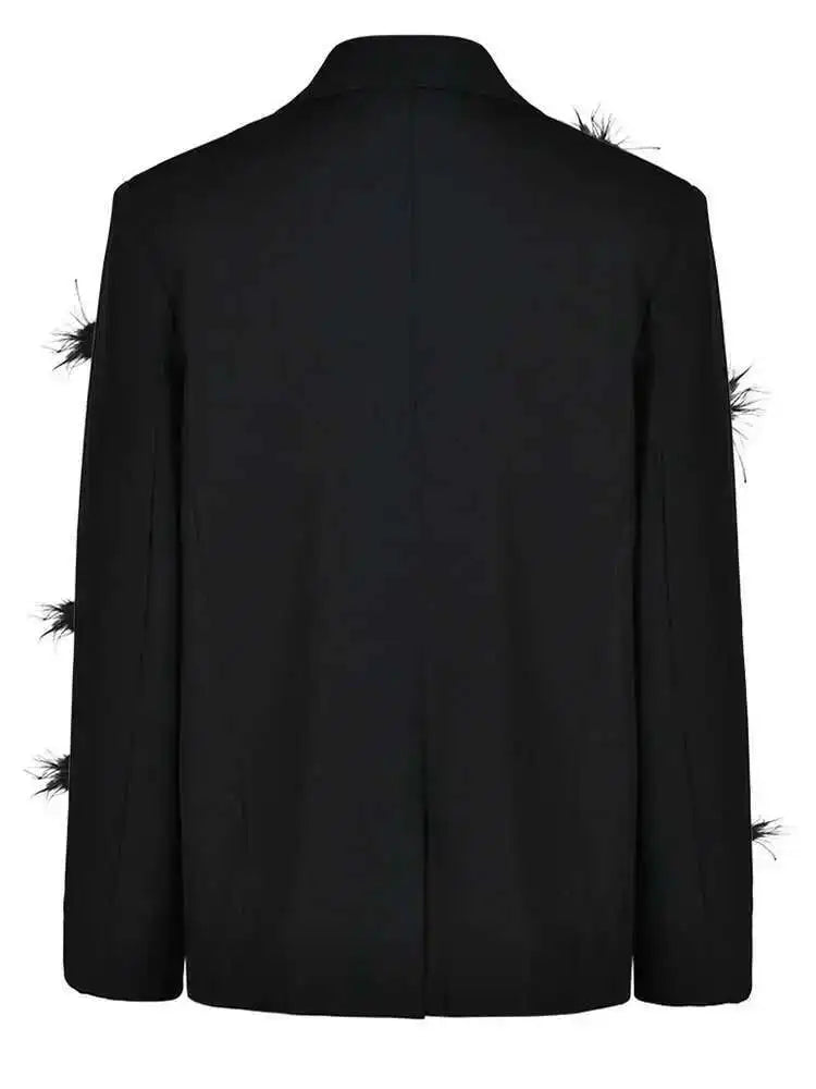 Women Black Nailed Feather Elegant Blazer New Lapel Long Sleeve Loose Fit Jacket Fashion Tide Spring Autumn 2025 CP1821
