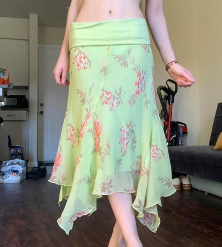 Holiday Style Floral Printing Asymmetric Hem Dresses Women Summer Colorful Fold Low Waist Mesh Sundress Bottoms New