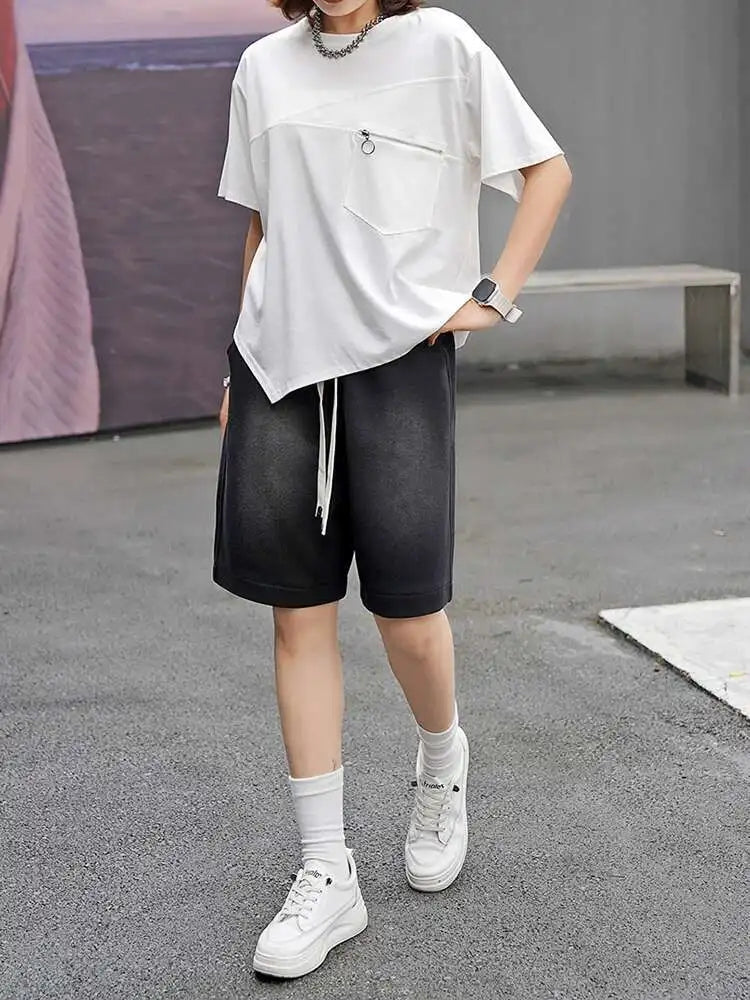 Women Black Irregular Hem Zipper Big Size Casual T-shirt New Round Neck Short  Sleeve Fashion Spring Summer 2025 1DJ0619