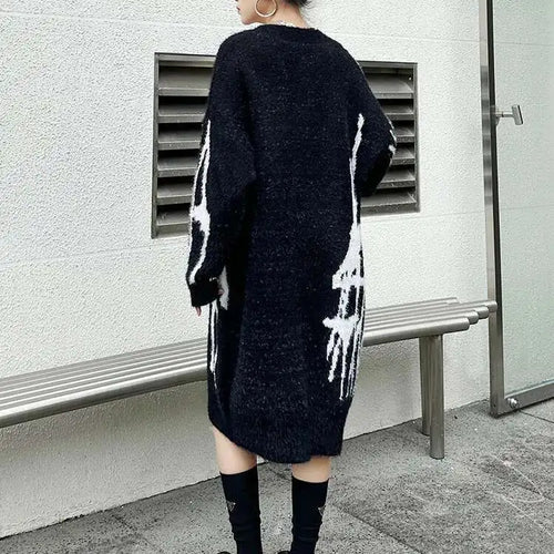 Load image into Gallery viewer, Women Black Pattern Thick Warm Big Size Sweater Dress New V-Neck Long Sleeve Fashion Tide Spring Autumn 2025 1DH8735
