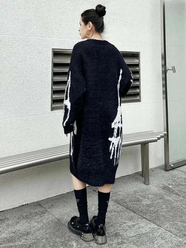 Women Black Pattern Thick Warm Big Size Sweater Dress New V-Neck Long Sleeve Fashion Tide Spring Autumn 2025 1DH8735