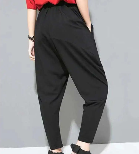 Spring Autumn High Elastic Waist Black Leisure Pocket Stitch Loose Harem Pants Women Trousers Fashion Tide JW997