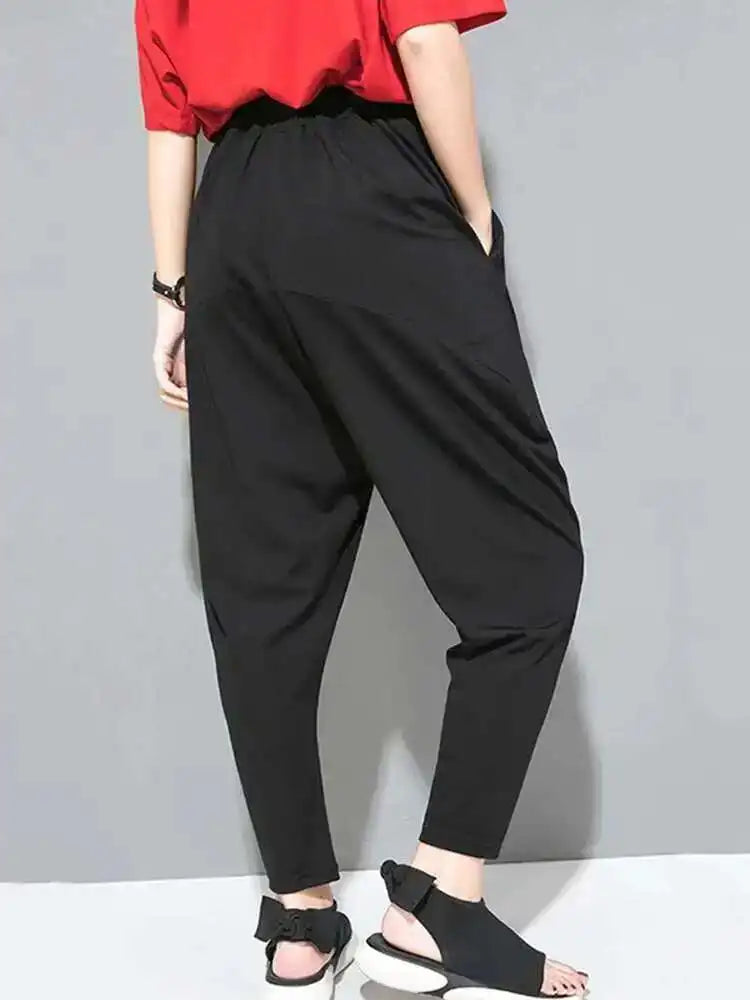 Spring Autumn High Elastic Waist Black Leisure Pocket Stitch Loose Harem Pants Women Trousers Fashion Tide JW997