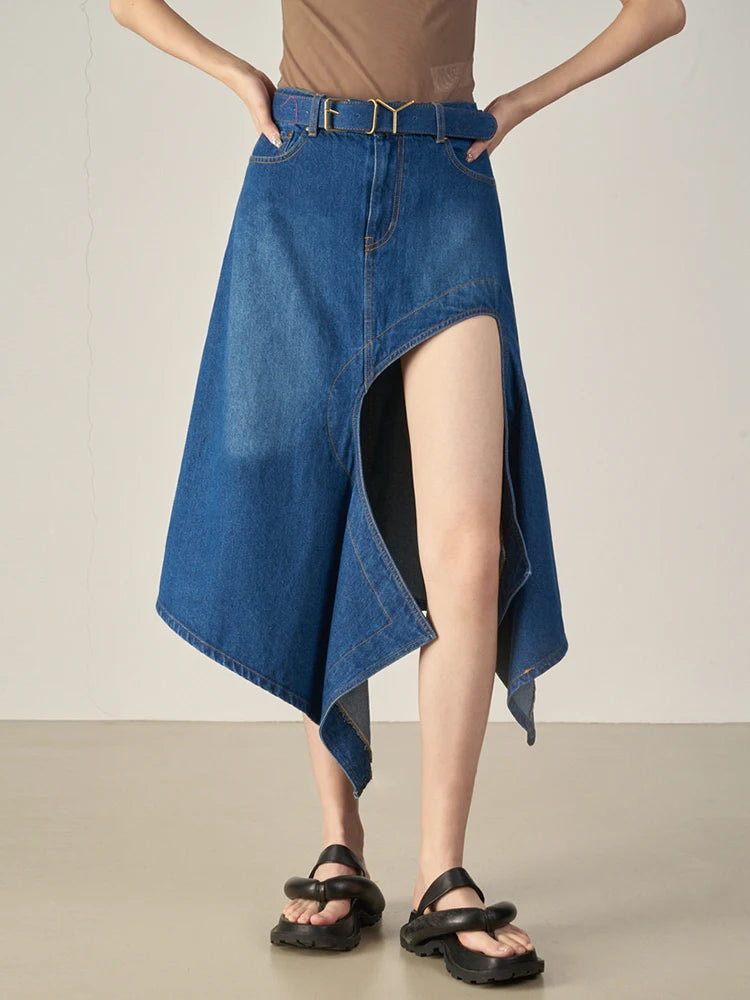 Fashion Streetwear Midi Skirt For Women High Waist Irregular Hem Solid Skirts Female Summer Clothing Style