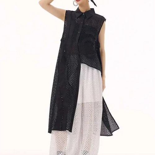 Load image into Gallery viewer, Women White Hollow Out Big Size Long Elegant Shirt Dress New Lapel Sleeveless Fashion Tide Spring Autumn 2025 1DH9424
