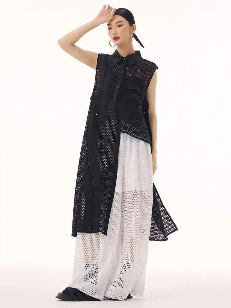 Women White Hollow Out Big Size Long Elegant Shirt Dress New Lapel Sleeveless Fashion Tide Spring Autumn 2025 1DH9424