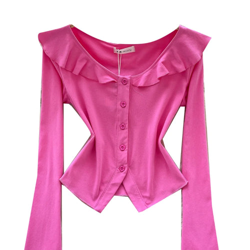 Load image into Gallery viewer, Vintage Fashion Women's Sweet Solid Single Breasted Long Sleeved T Shirt Spring Round Neck Ruffle Edge Short Cardigan Tops Trend
