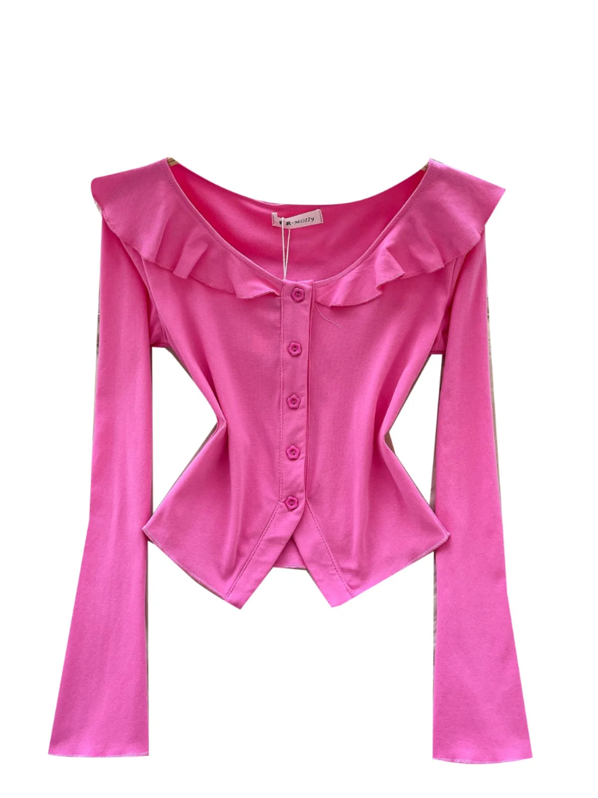 Vintage Fashion Women's Sweet Solid Single Breasted Long Sleeved T Shirt Spring Round Neck Ruffle Edge Short Cardigan Tops Trend