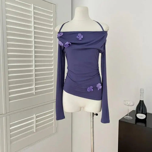 Load image into Gallery viewer, French Women Beige Flower Decorate Slim Pleated Short Tops Spring Autumn Purple Elegant Long Sleeve Off Shoulder Halter T Shirt
