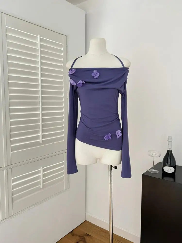 French Women Beige Flower Decorate Slim Pleated Short Tops Spring Autumn Purple Elegant Long Sleeve Off Shoulder Halter T Shirt
