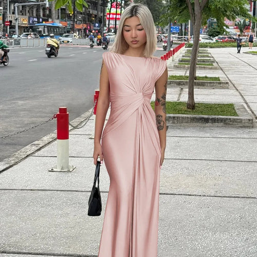 Load image into Gallery viewer, Sleeveless Ruched Sexy Maxi Dress For Women Gown Fashion Solid O Neck High Waist Bodycon Club Long Dress Vestido
