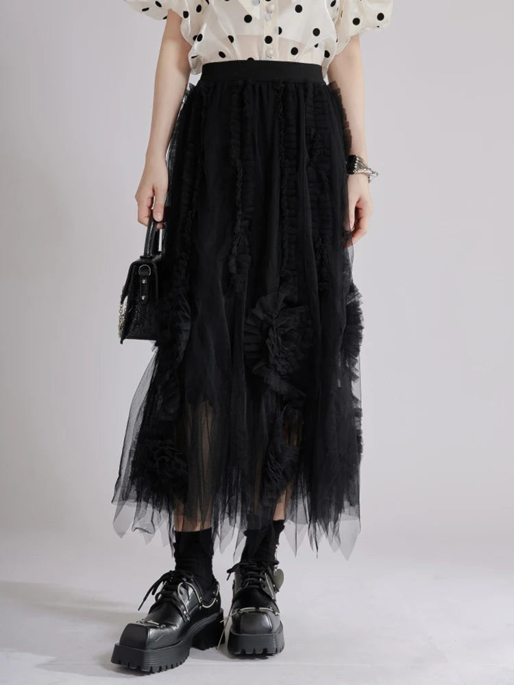 High Elastic Waist Apricot 3d Flower Mesh A-line Half-body Skirt Women Fashion Tide New Spring Autumn 2025 1DJ1515