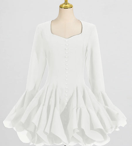 Solid Spliced Button Slimming Mini Dresses For Women Square Neck Long Sleeve High Waist Temperament Dress Female