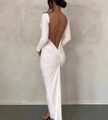 Women Fashion Long Sleeves Backless Draped Sexy Slim Maxi Dress 2025 Spring Elegant Streetwear Party Club Y2K Outfit