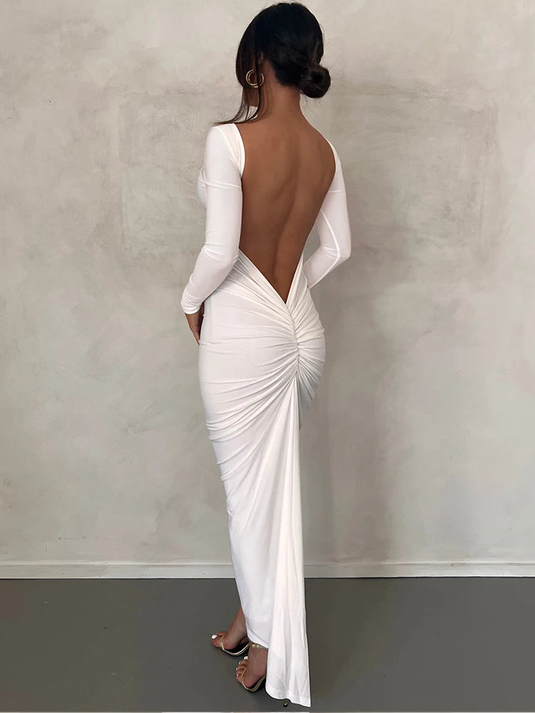 Women Fashion Long Sleeves Backless Draped Sexy Slim Maxi Dress 2025 Spring Elegant Streetwear Party Club Y2K Outfit