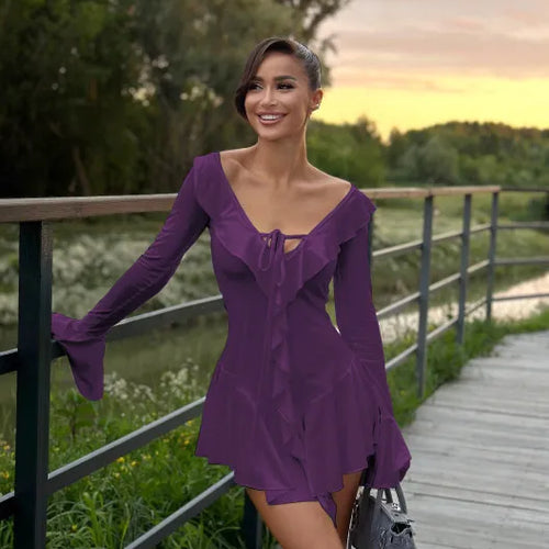 Load image into Gallery viewer, Sexy Deep V Ruffled Bodycon Short Skirt For Women 2024 Fall Ruffled Flared Sleeves Party Evening Dress Street Clothing
