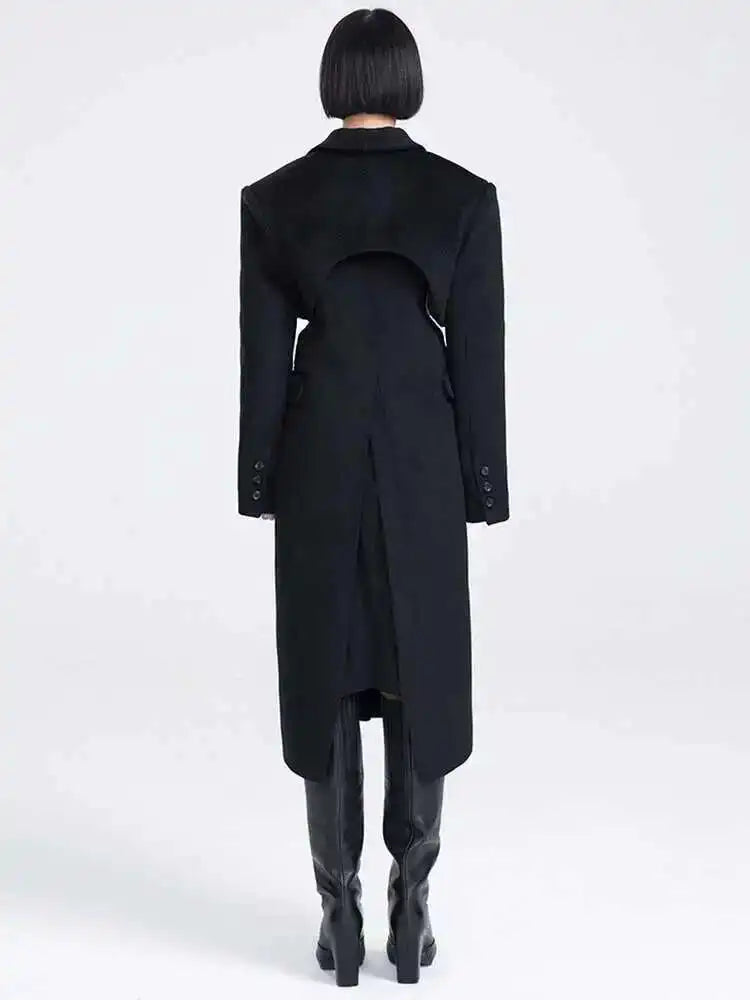 Black Hollow Out Long Elegant Big Size Woolen Coat Parkas New Long Sleeve Women Fashion Tide Autumn Winter 2025 1DF335701