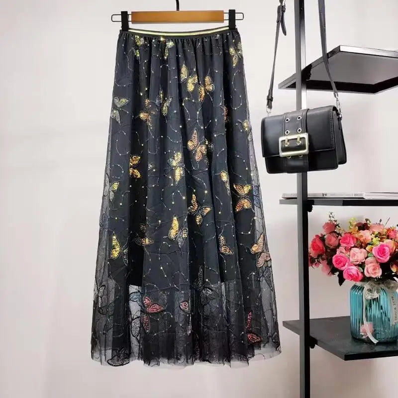 Elastic High Waist Skirt Ladies Summer Vintage Jacquard Butterfly Tulle Skirts Womens Fashion Embroidery Mesh Midi Skirt Women