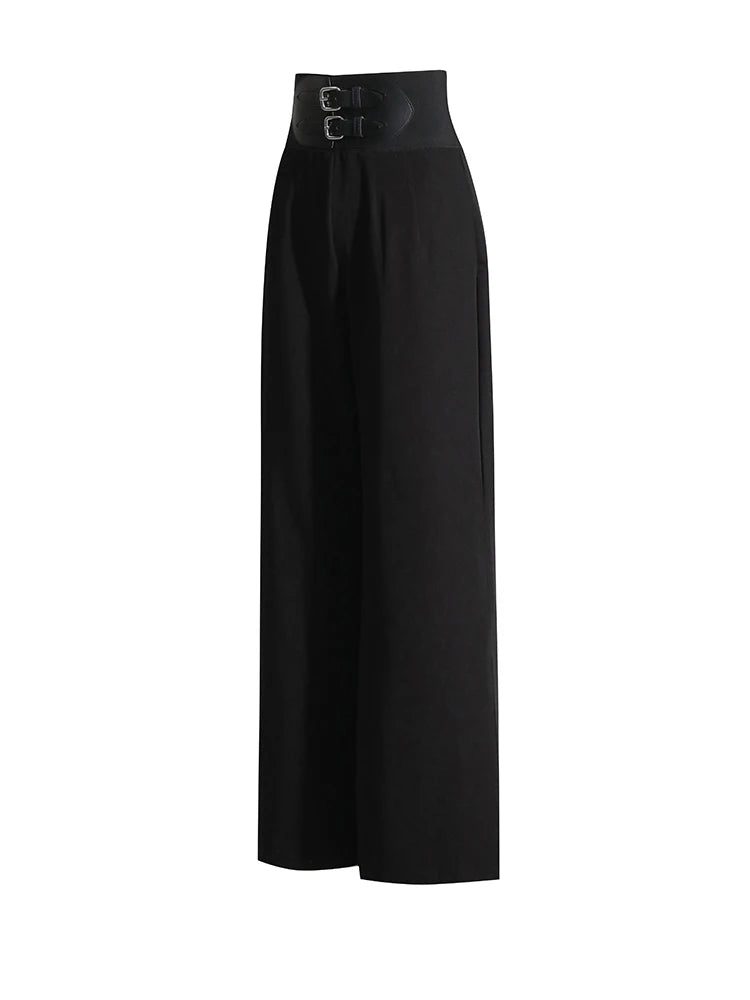 Patchwork Belt Solid Minimalist Floor Length Trousers For Women High Waist Casual Loose Wide Leg Pants Female Fashion