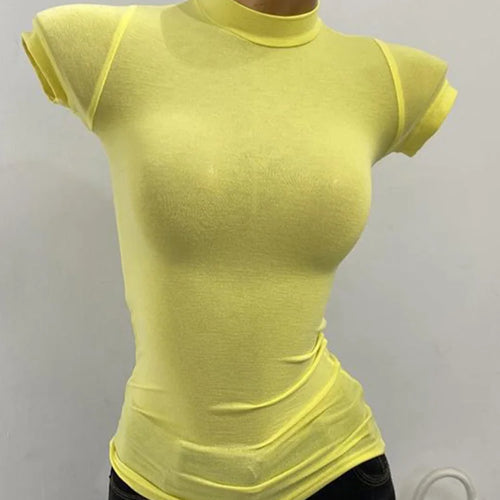 Load image into Gallery viewer, Half-high Collar T-shirt korean Transparent Short-sleeved Slim-fit Elastic Solid Inner Bottoming Shirt Sexy Big Chest T-shirt
