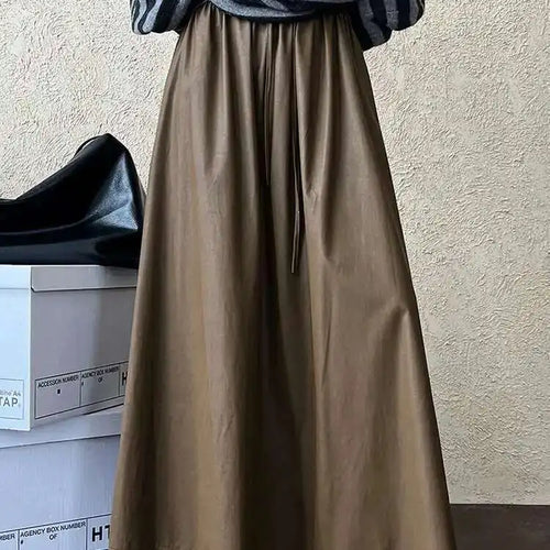 Load image into Gallery viewer, High Elastic Waist Coffee Pu Leather Vintage Long A-line Half-body Skirt Women Fashion Tide New Spring Autumn 2025 1DH7198
