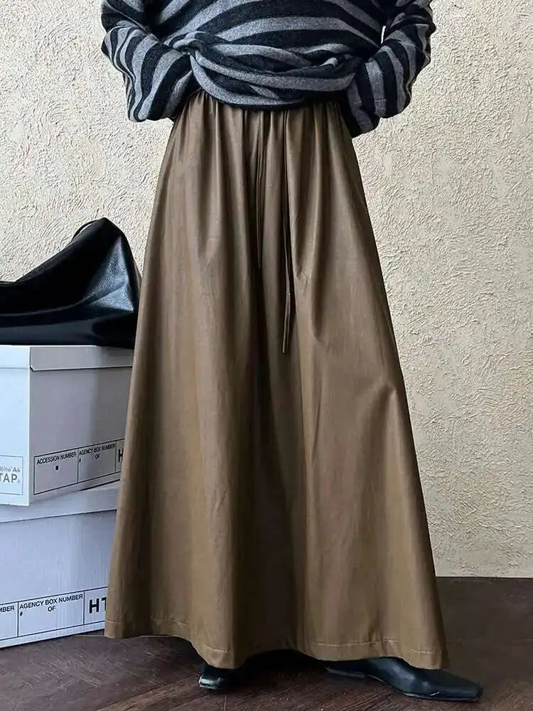 High Elastic Waist Coffee Pu Leather Vintage Long A-line Half-body Skirt Women Fashion Tide New Spring Autumn 2025 1DH7198