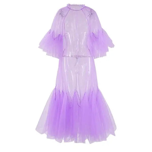 Load image into Gallery viewer, Women Purple Ruffles Mesh Perspective Big Size Long Dress New Round Neck Half Sleeve Fashion Spring Summer 2025 JR7711
