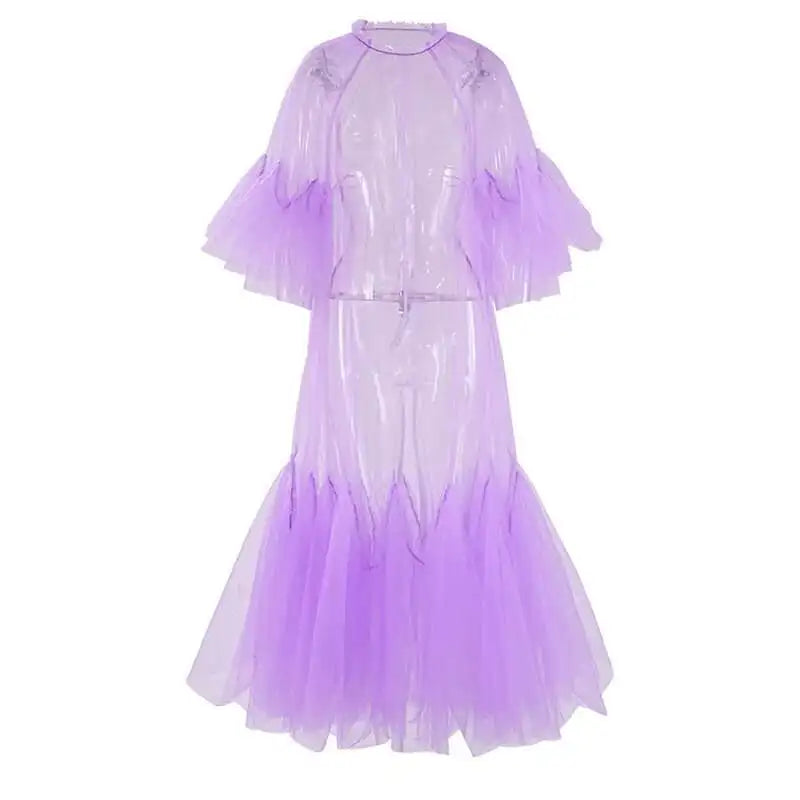 Women Purple Ruffles Mesh Perspective Big Size Long Dress New Round Neck Half Sleeve Fashion Spring Summer 2025 JR7711