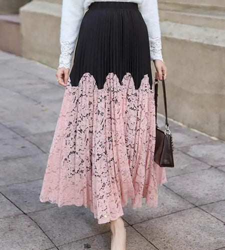 Autumn Winter French Vintage Black White Patchwork Lace Long Skirt Women's 2024 Sweet Pink Elegant High Waist Pleated Skirt Chic