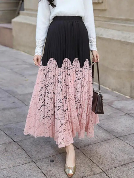 Autumn Winter French Vintage Black White Patchwork Lace Long Skirt Women's 2024 Sweet Pink Elegant High Waist Pleated Skirt Chic
